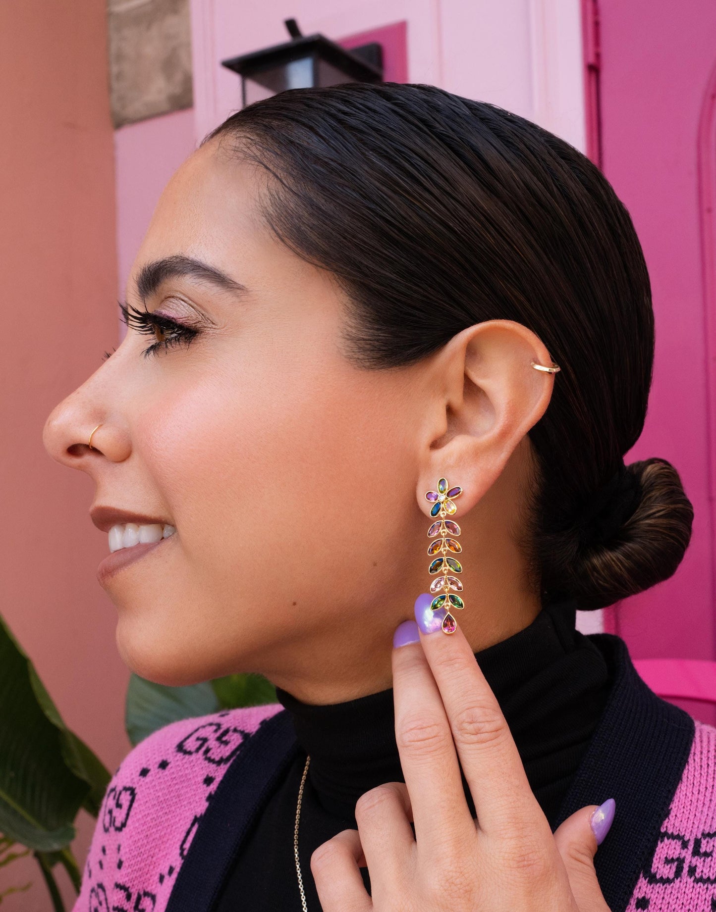 Multi Tourmaline Bezel Floral Drop Earrings in 14K Yellow Gold