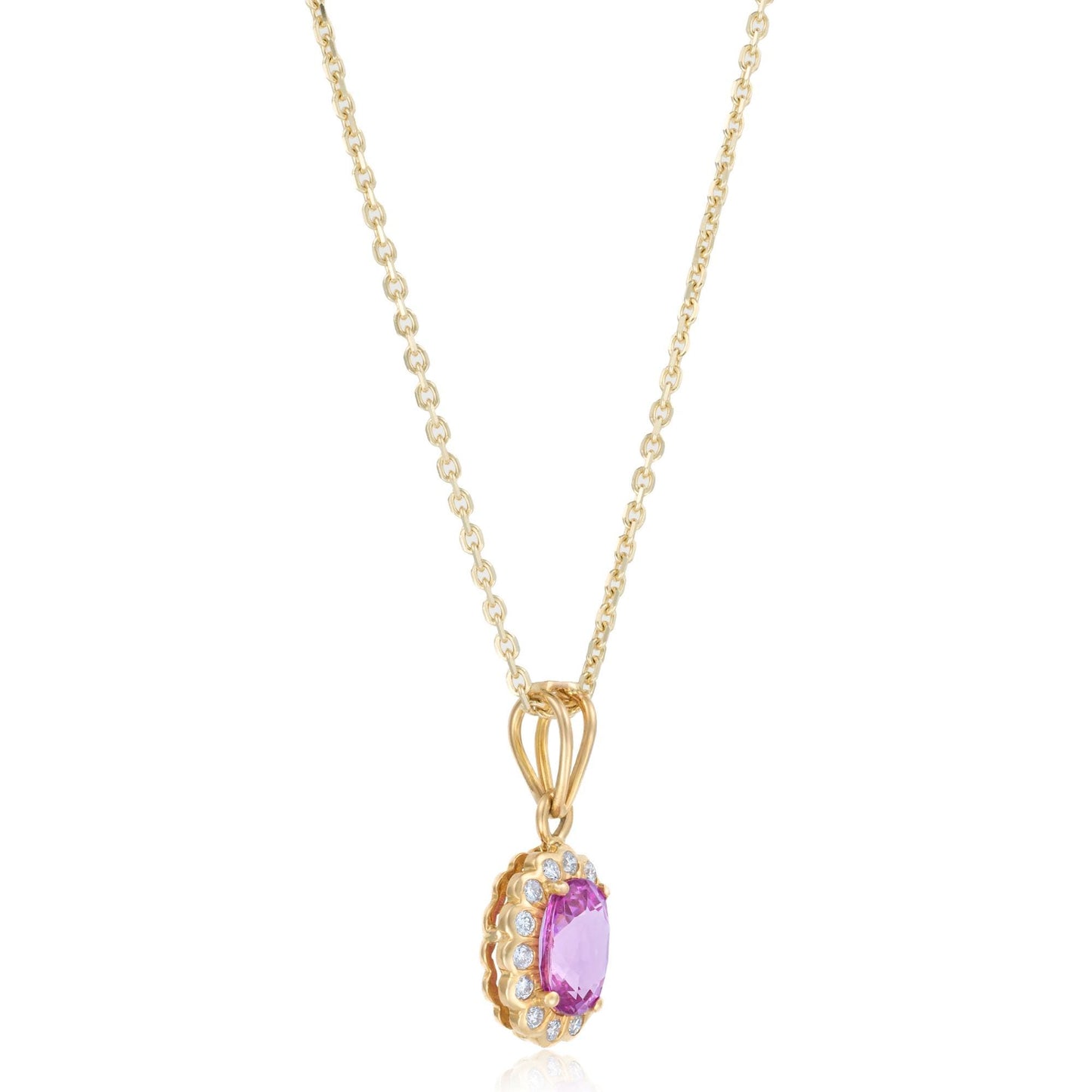 Pink Sapphire Diamond Halo Necklace in 18K Yellow Gold