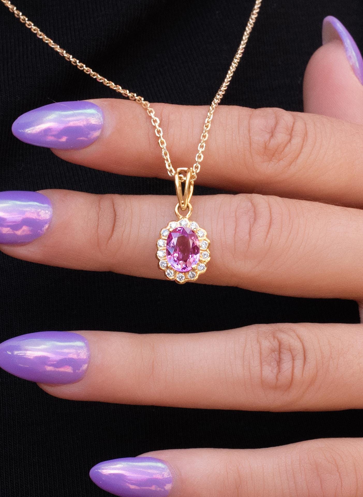 Pink Sapphire Diamond Halo Necklace in 18K Yellow Gold
