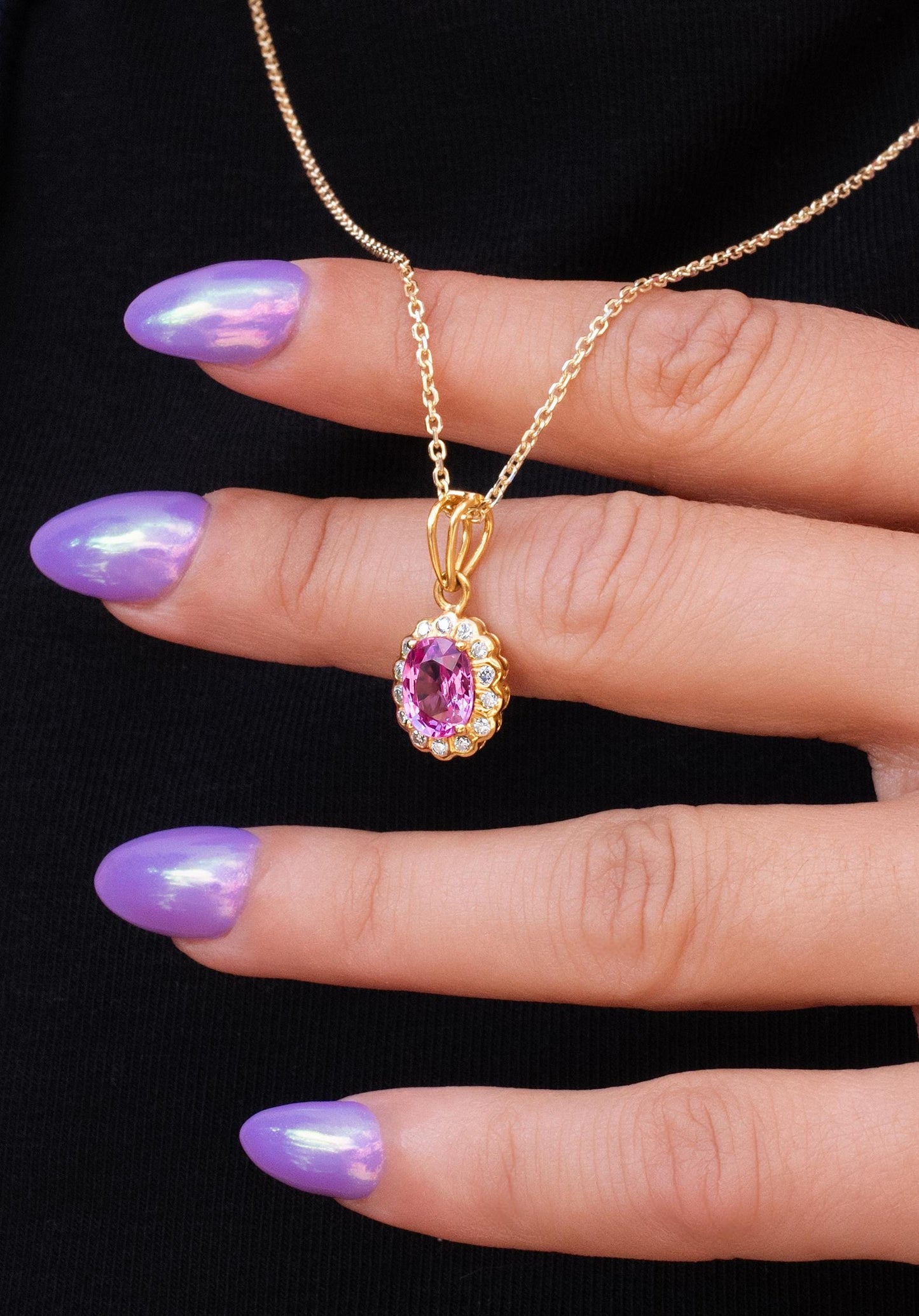 Pink Sapphire Diamond Halo Necklace in 18K Yellow Gold