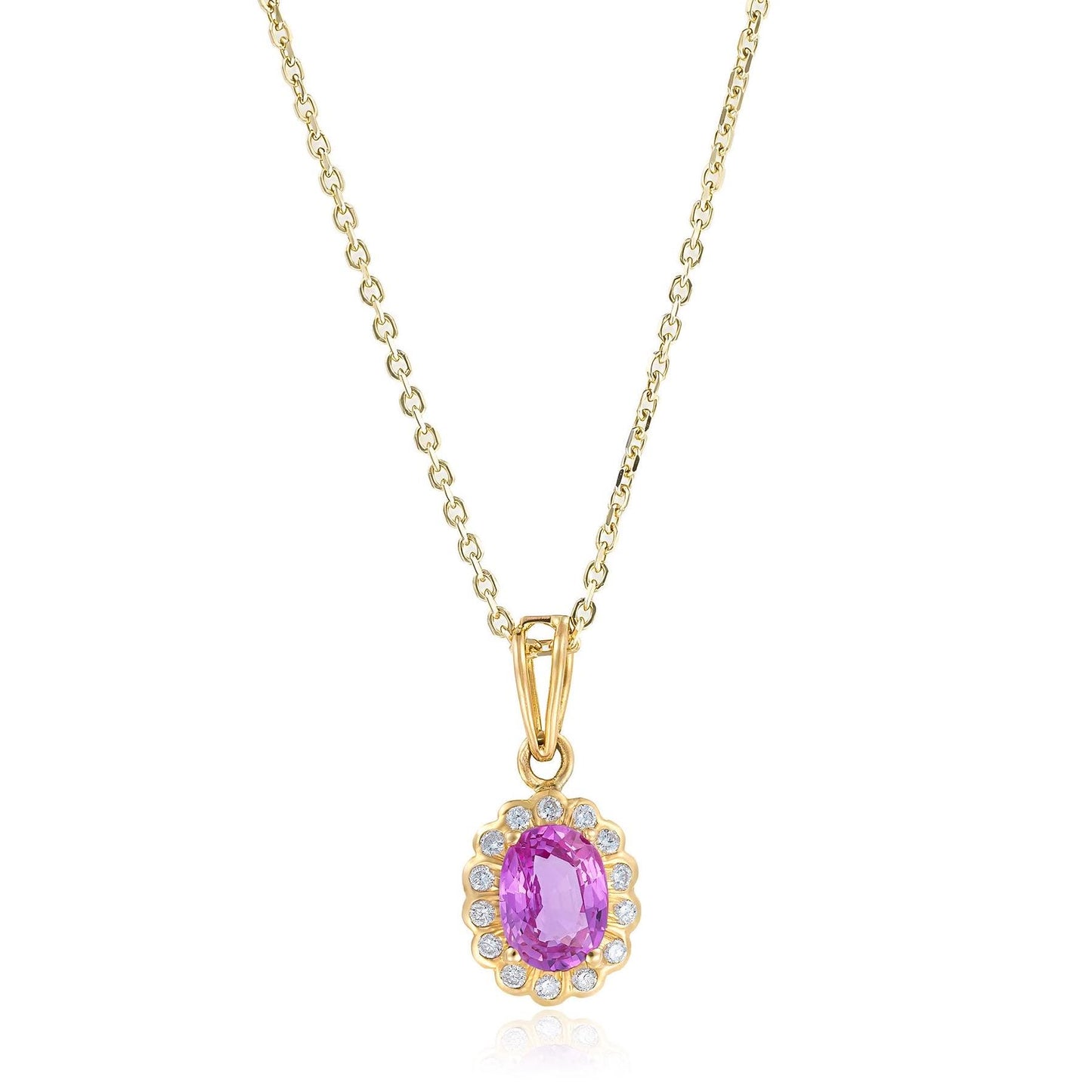 Pink Sapphire Diamond Halo Necklace in 18K Yellow Gold