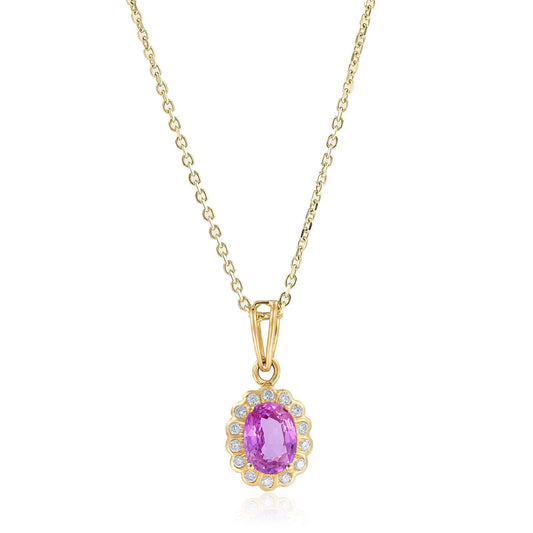 Pink Sapphire Diamond Halo Necklace in 18K Yellow Gold