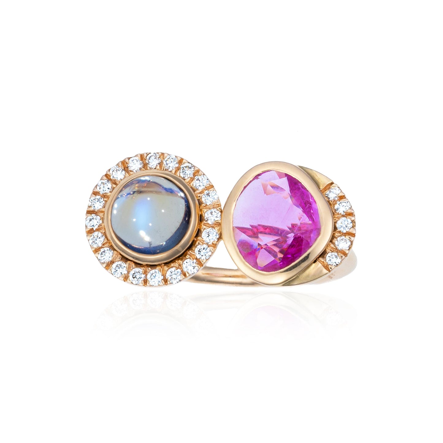 Pink Sapphire & Rainbow Moonstone with Diamond Accents Toi et Moi Ring in 18K Gold