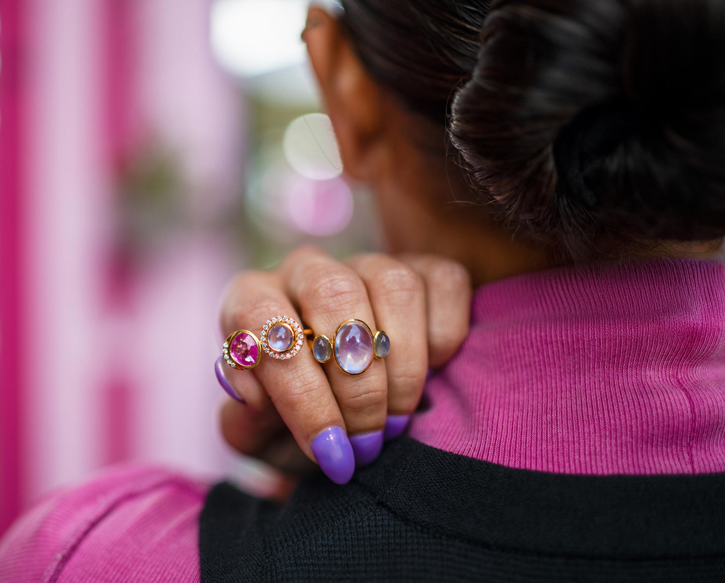 Pink Sapphire & Rainbow Moonstone with Diamond Accents Toi et Moi Ring in 18K Gold