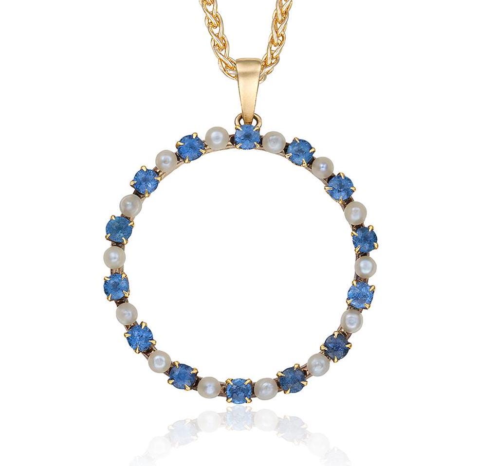 Victorian Ceylon Sapphire & Seed Pearl Pendant in 14K Yellow Gold