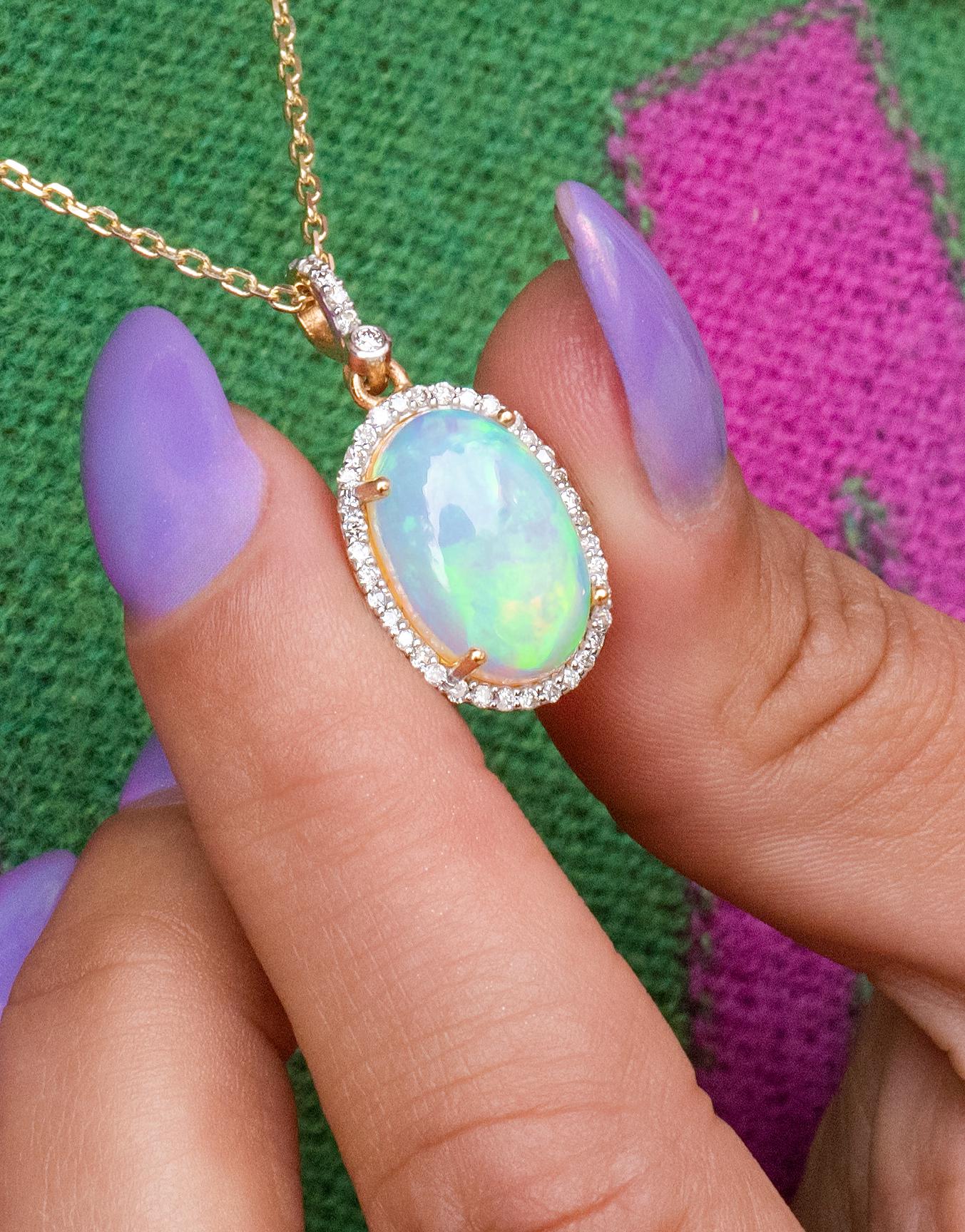 Opal & Diamond Pendant in 14K Yellow Gold