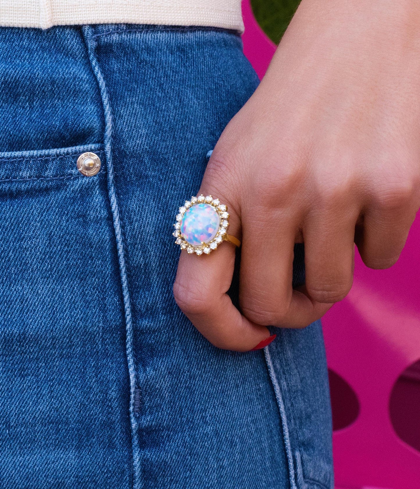 Opal & Diamond Halo Cocktail Ring in 14K Yellow Gold
