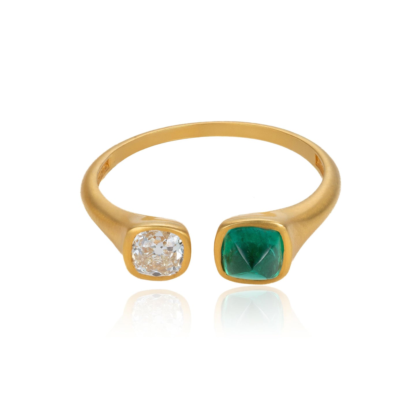 Emerald & Antique Diamond Open Concept Ring in 18K Yellow Gold
