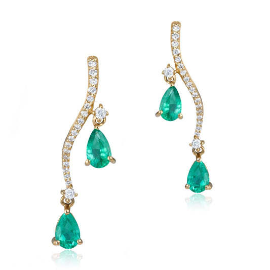 Double Drop Emerald & Diamond Earrings in 18K Gold