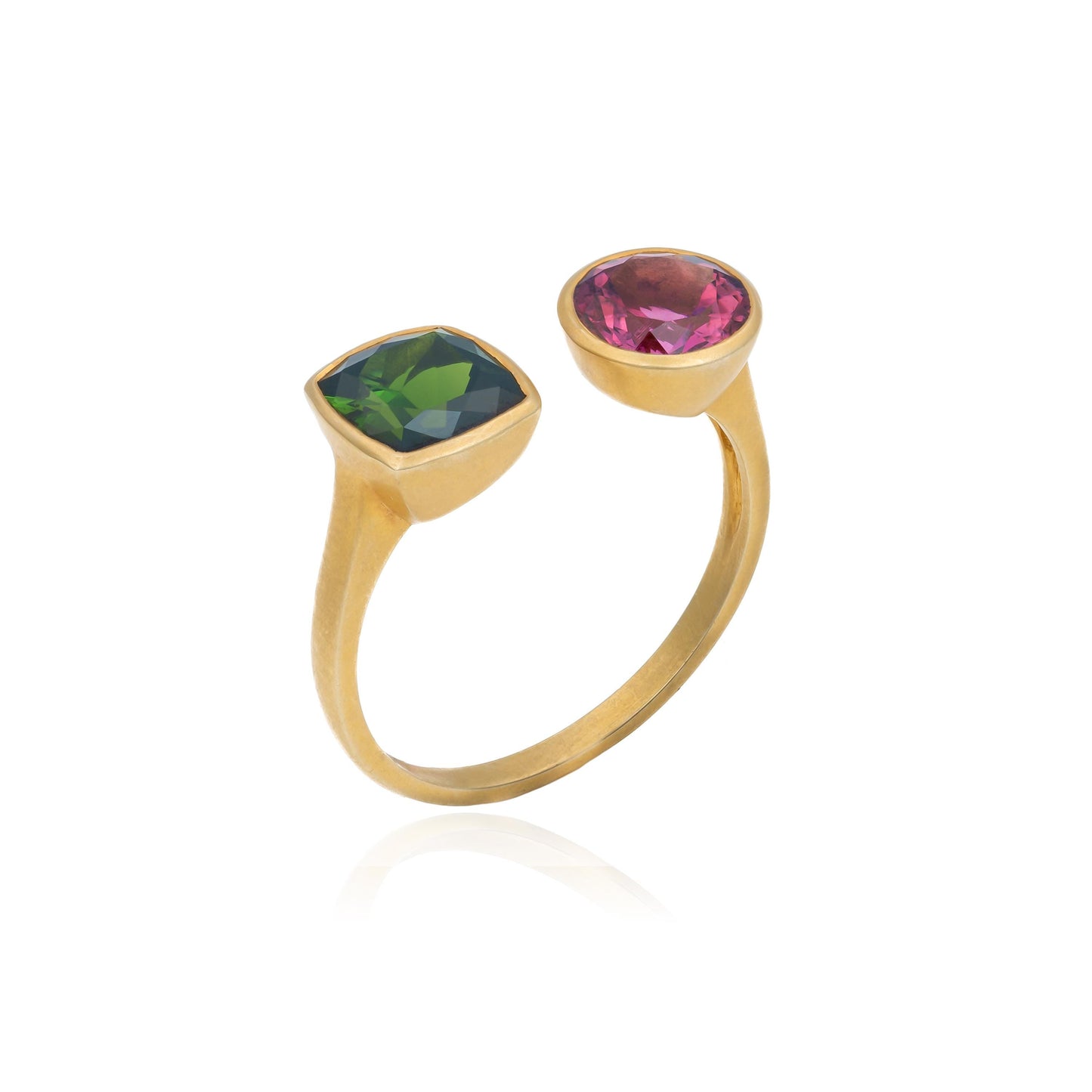 Green & Pink Tourmaline Toi et Moi Ring in 18K Yellow Gold