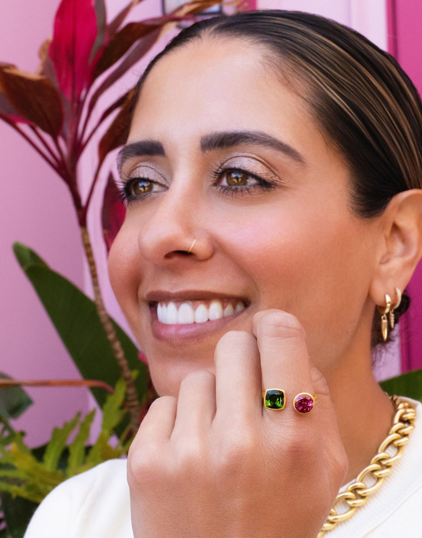 Green & Pink Tourmaline Toi et Moi Ring in 18K Yellow Gold