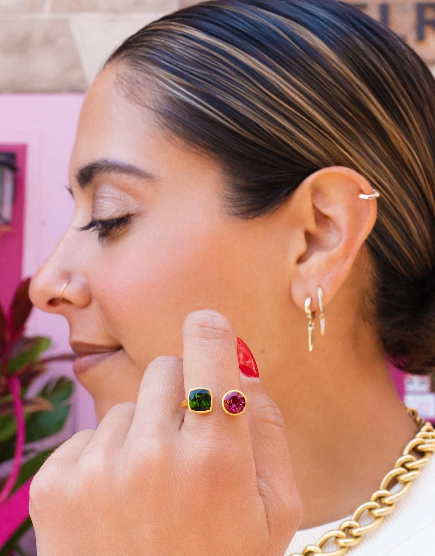 Green & Pink Tourmaline Toi et Moi Ring in 18K Yellow Gold
