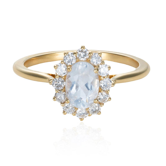 Moonstone & Diamond Halo Ring in 14K Yellow Gold