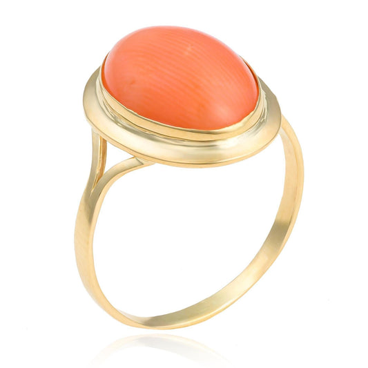 Bezel Coral Ring in 18K Yellow Gold