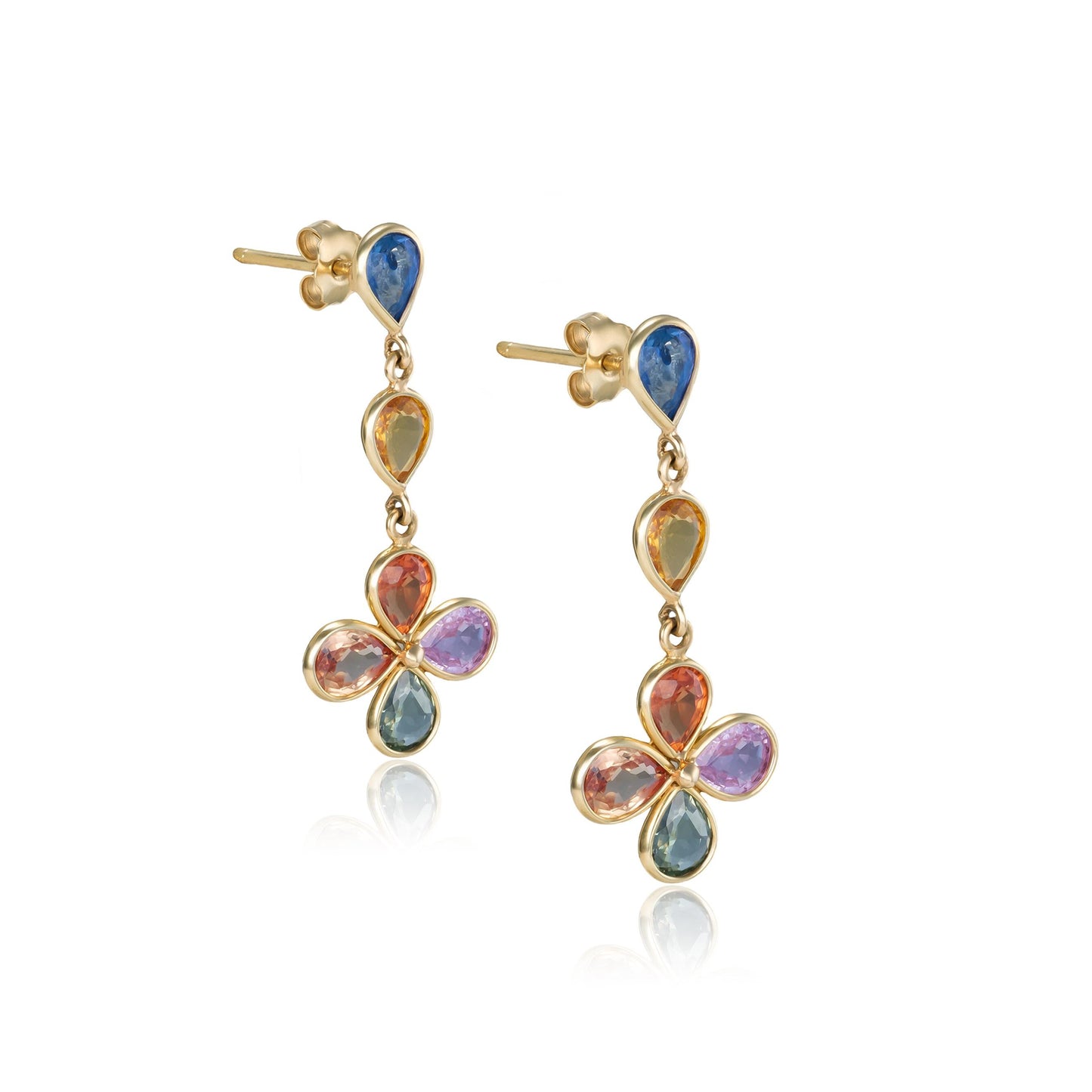 Multi Sapphire Flower Drop Earrings in 14K Yellow Gold