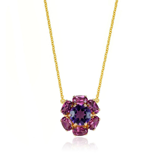 Amethyst & Tourmaline Flower Necklace in 14K Yellow Gold
