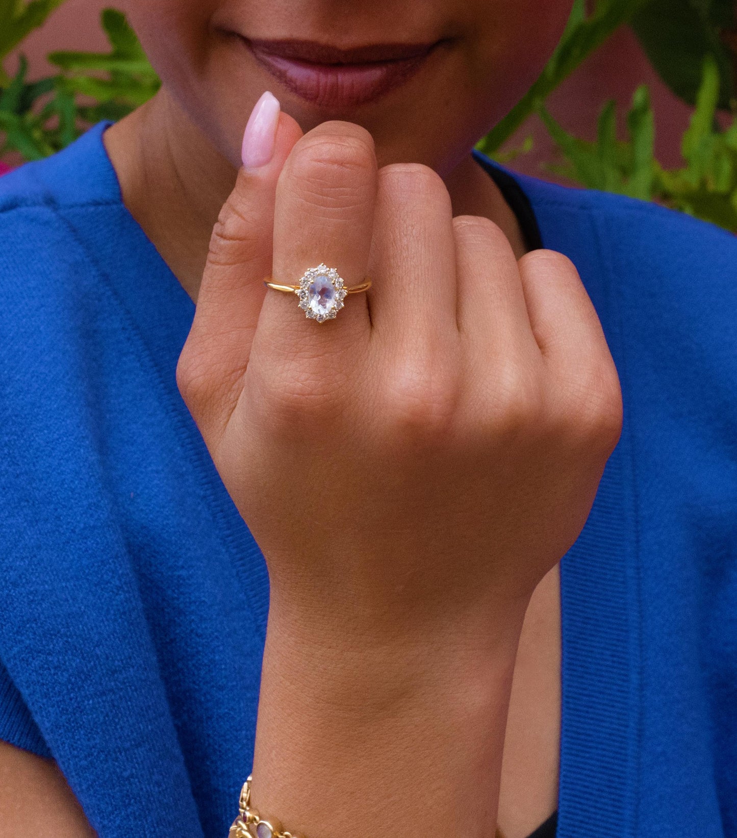 Moonstone & Diamond Halo Ring in 14K Yellow Gold