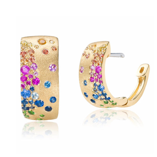 Scattered Rainbow Sapphire Wide Hoop Earrings in 14K Yellow Gold