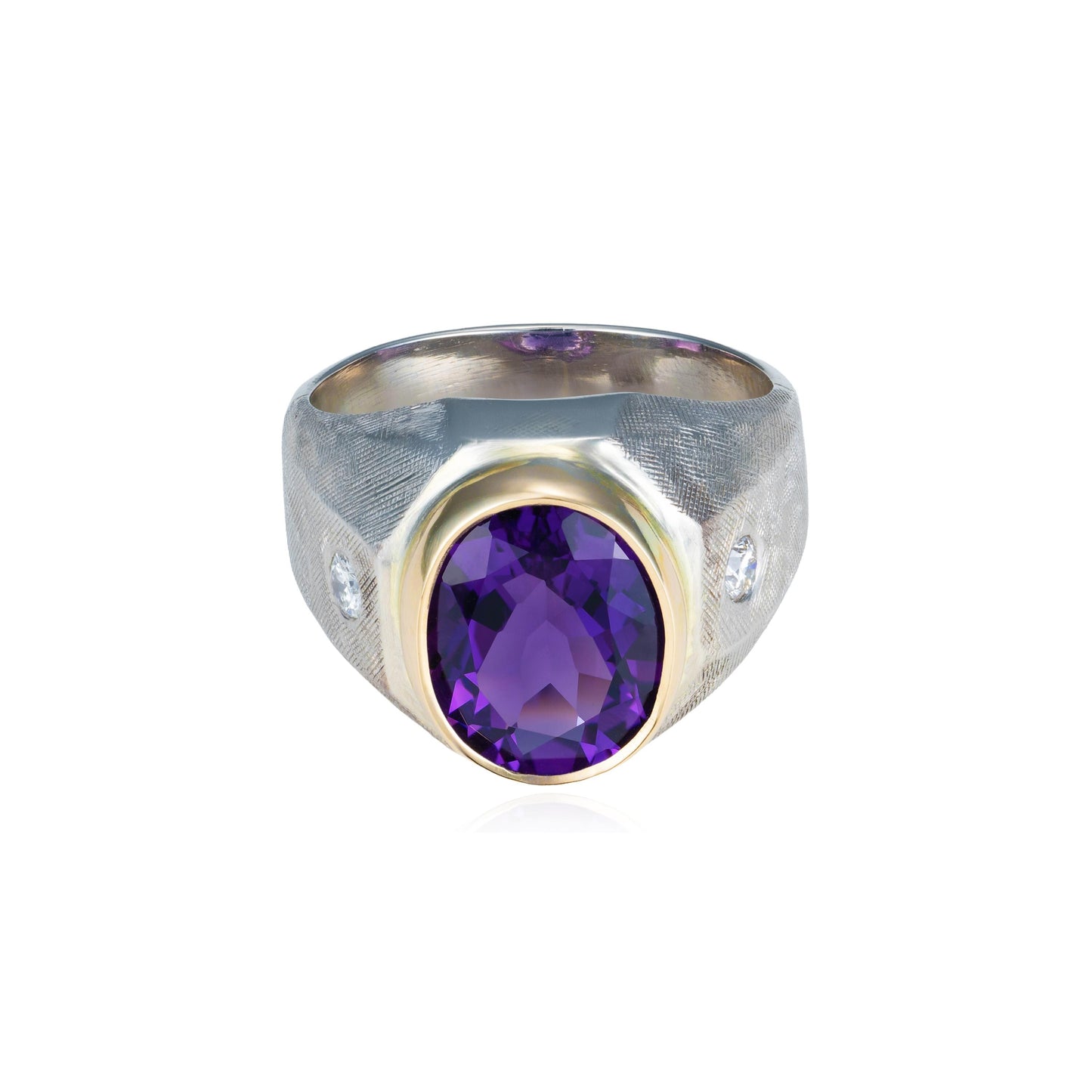 Heavy Amethyst & Diamond Signet Ring in 14K Gold