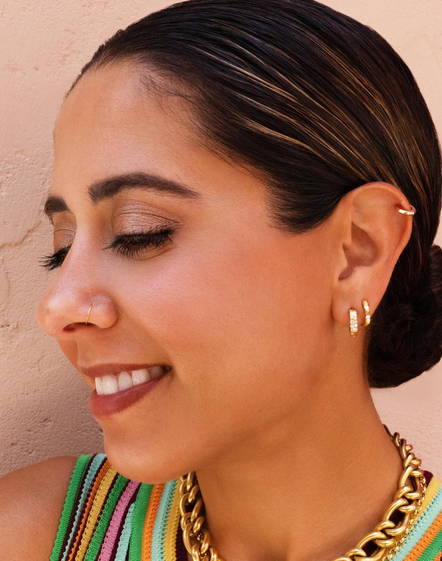 Scattered Diamond Huggie Hoop Earrings in 14K Yellow Gold