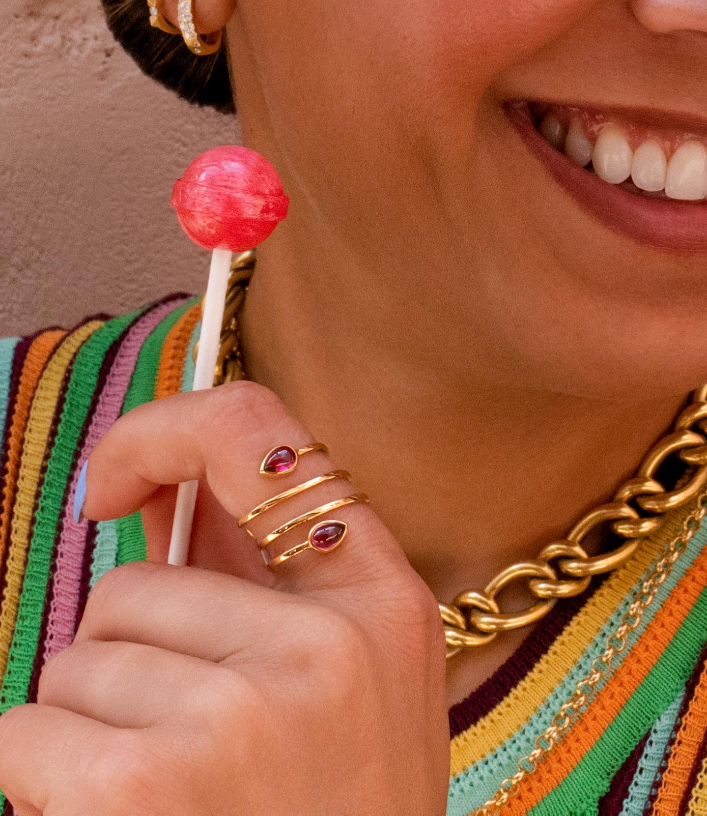 Spiral Rhodolite Garnet Cabochon Bezel Ring in 14K Yellow Gold