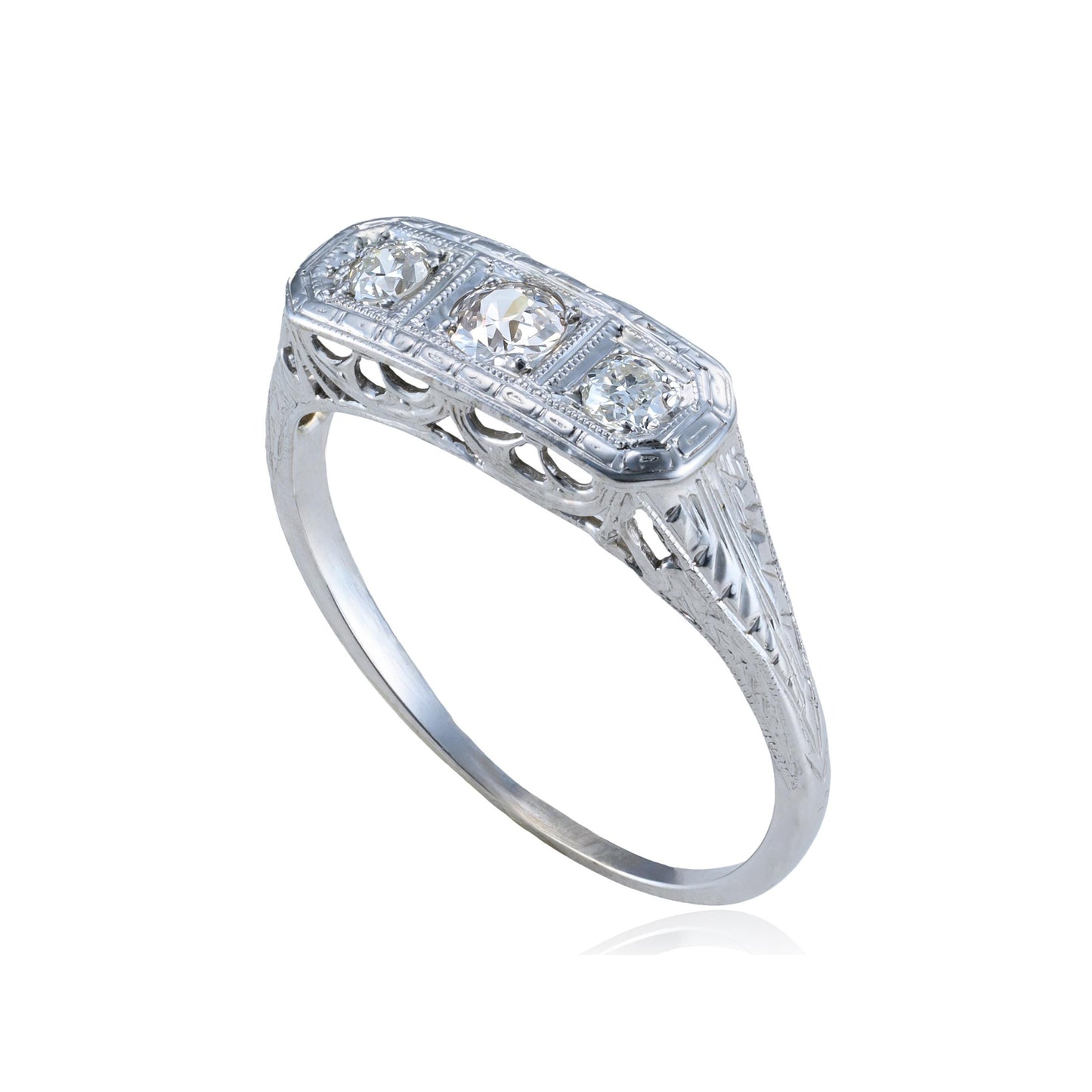 Art Deco Old European Diamond Trilogy Filigree Ring in 18K White Gold