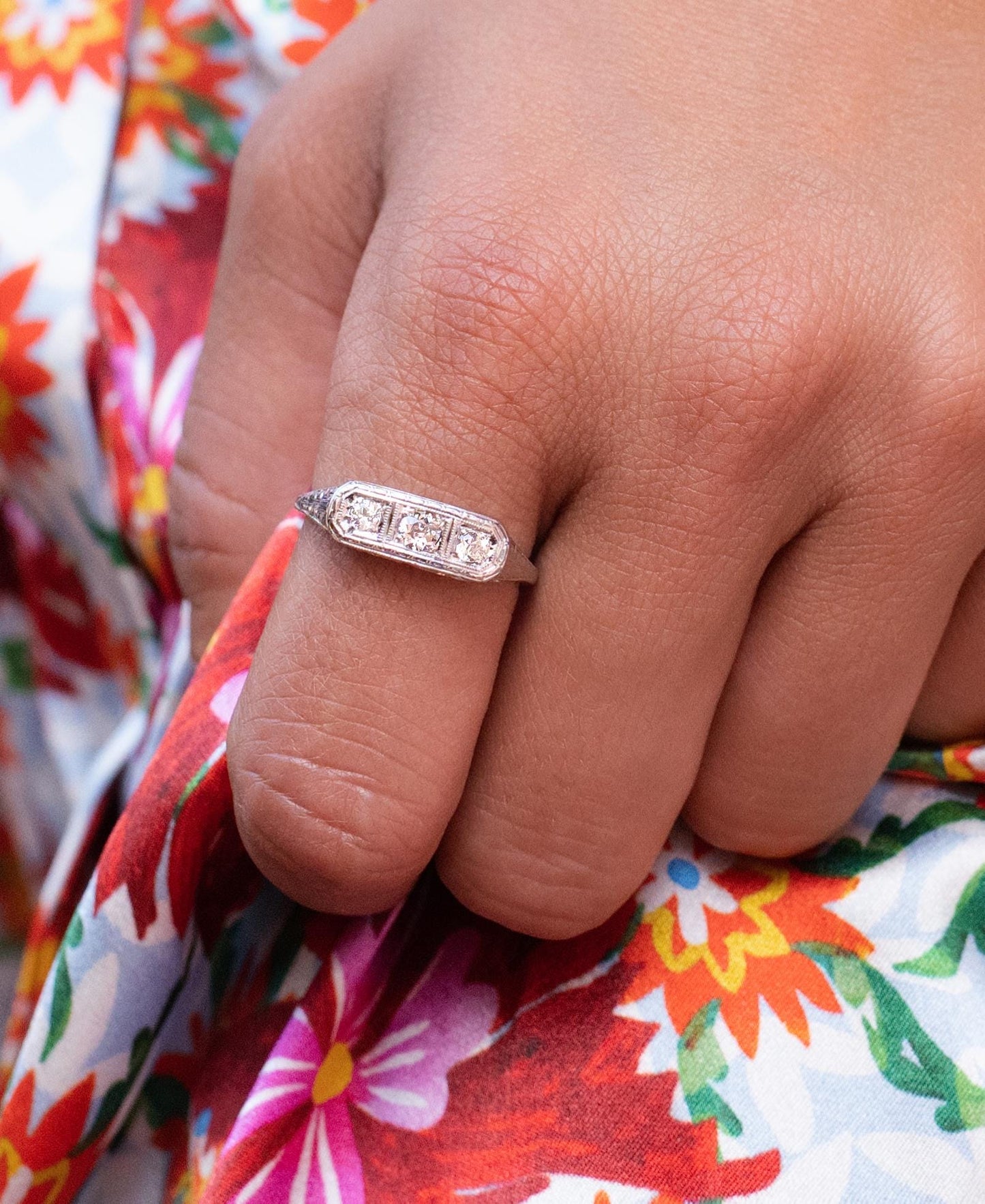 Art Deco Old European Diamond Trilogy Filigree Ring in 18K White Gold