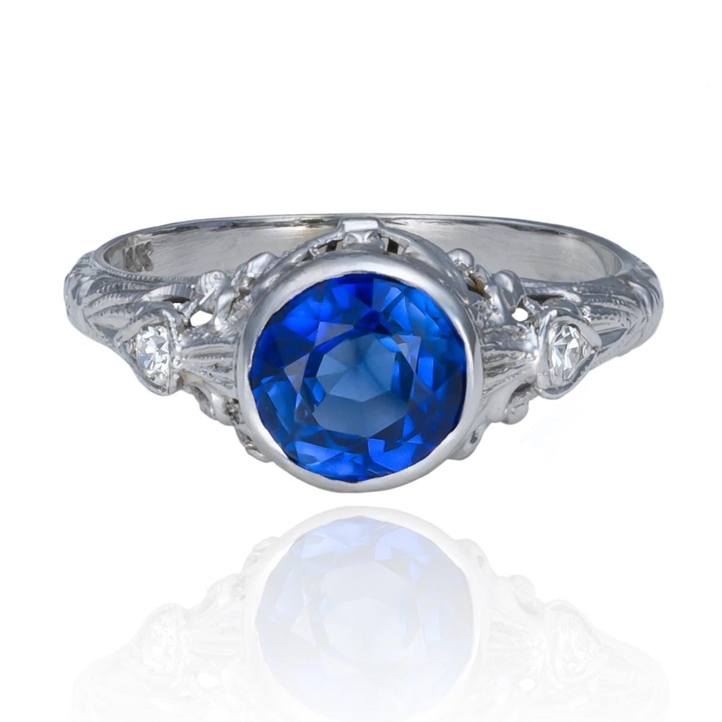 Edwardian Sapphire & Diamond Ring in 18K White Gold