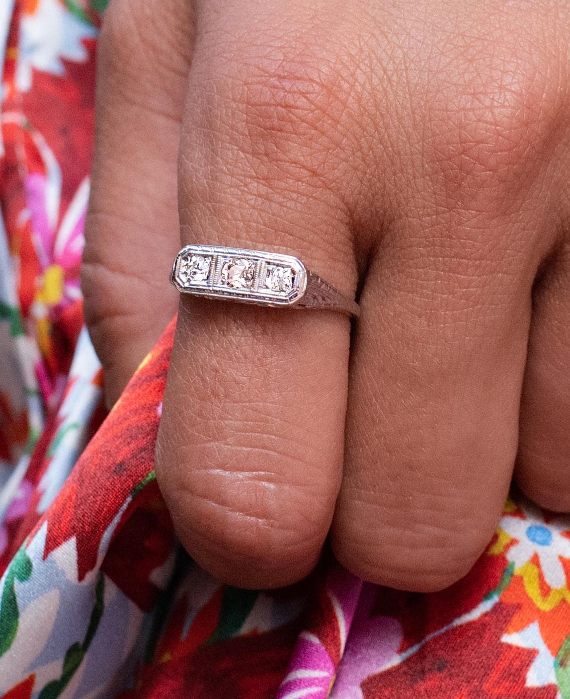 Art Deco Old European Diamond Trilogy Filigree Ring in 18K White Gold
