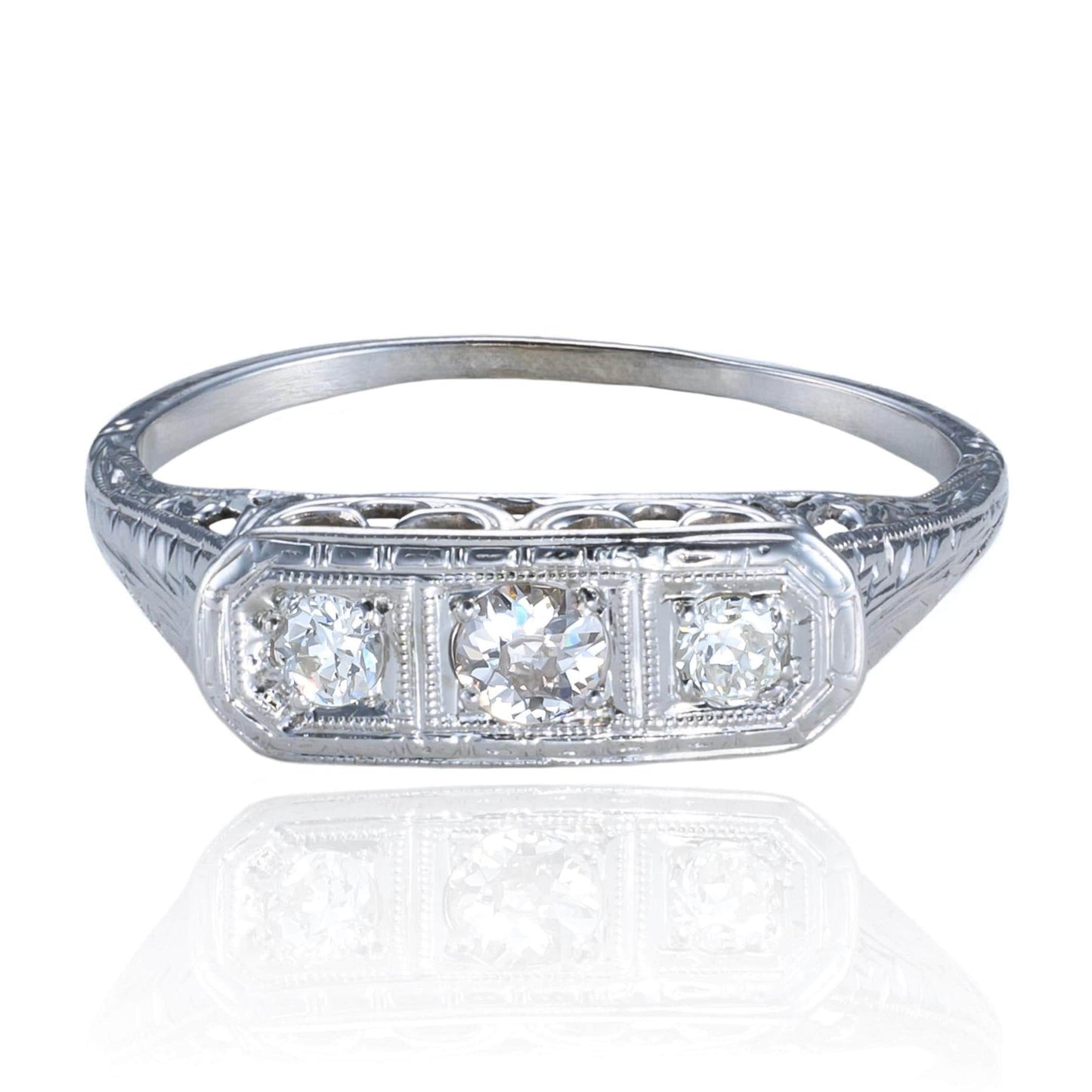 Art Deco Old European Diamond Trilogy Filigree Ring in 18K White Gold