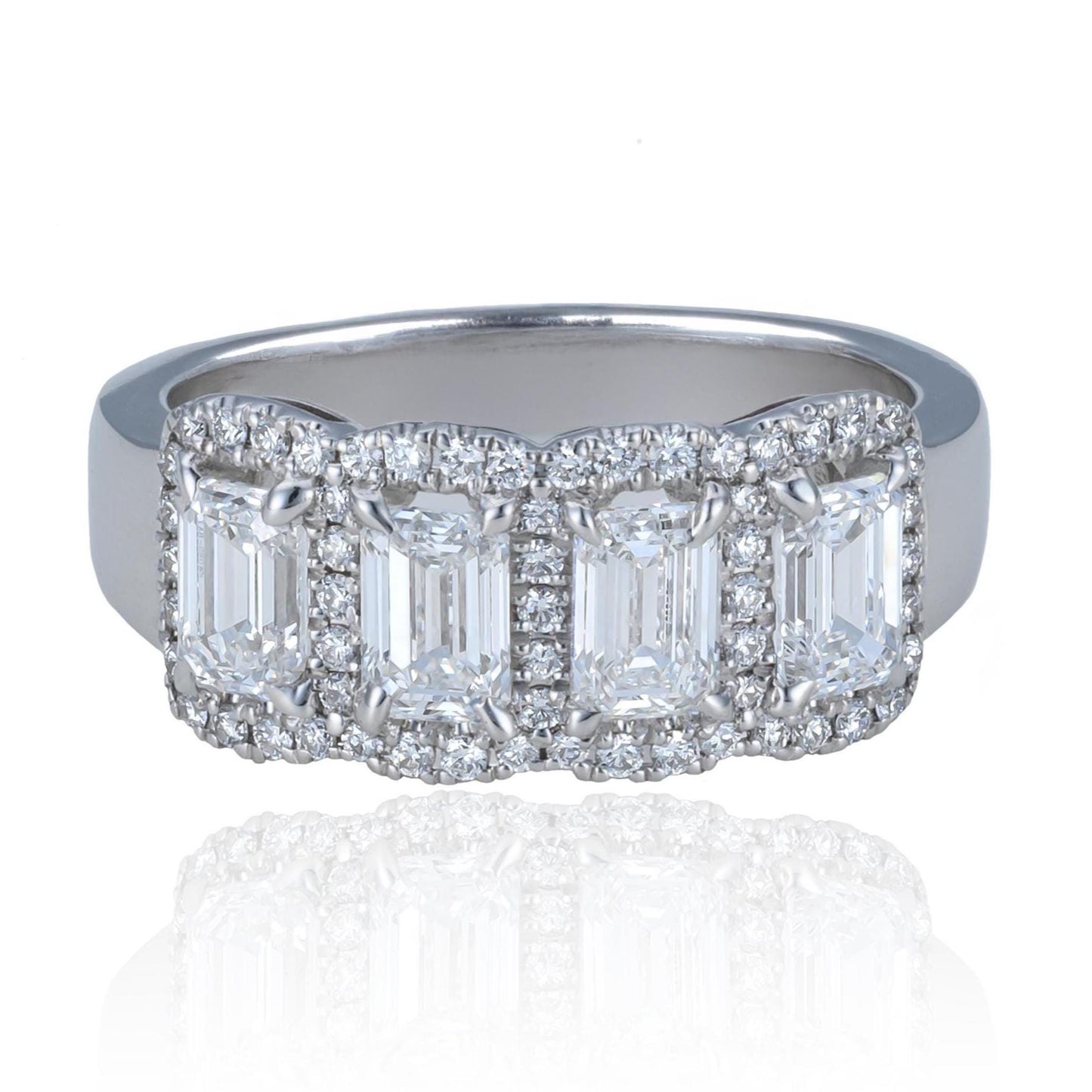 Wide Band Emerald Cut Diamond Ring in 18K White Gold
