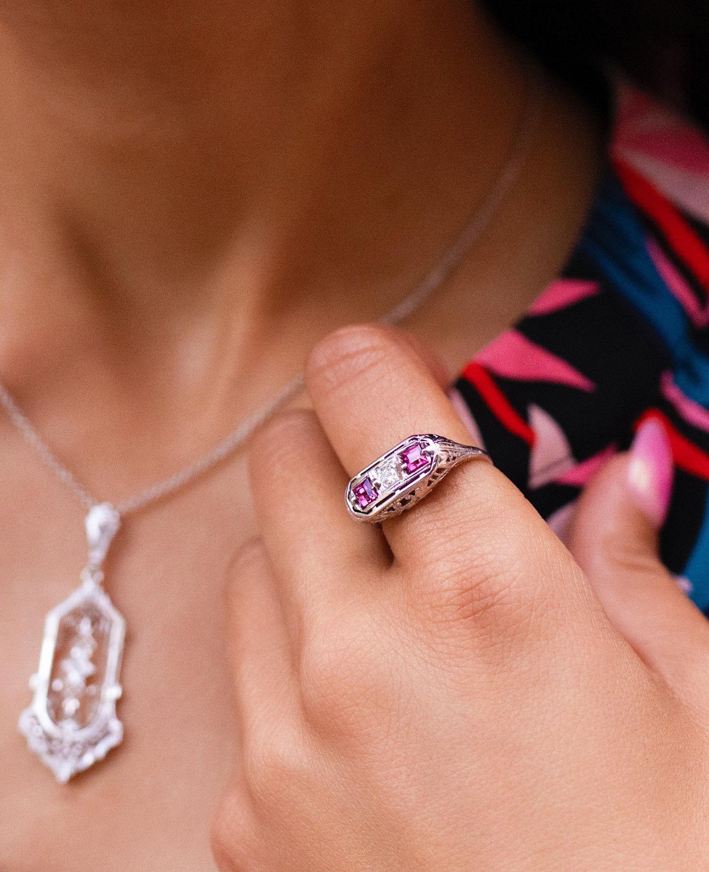 Edwardian Pink Tourmaline & Diamond Trilogy Filigree Ring in 18K White Gold