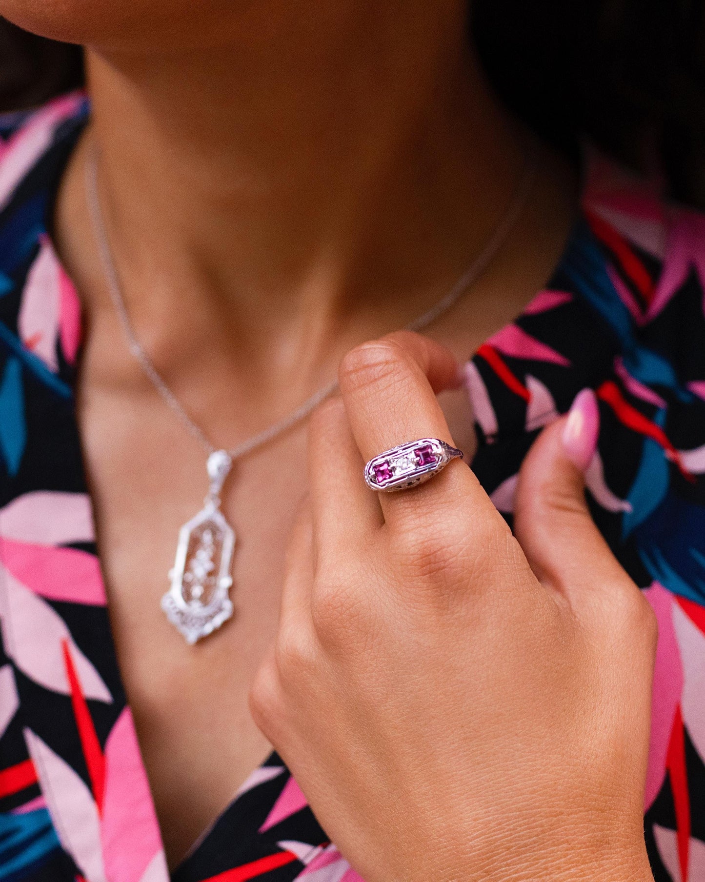 Edwardian Pink Tourmaline & Diamond Trilogy Filigree Ring in 18K White Gold