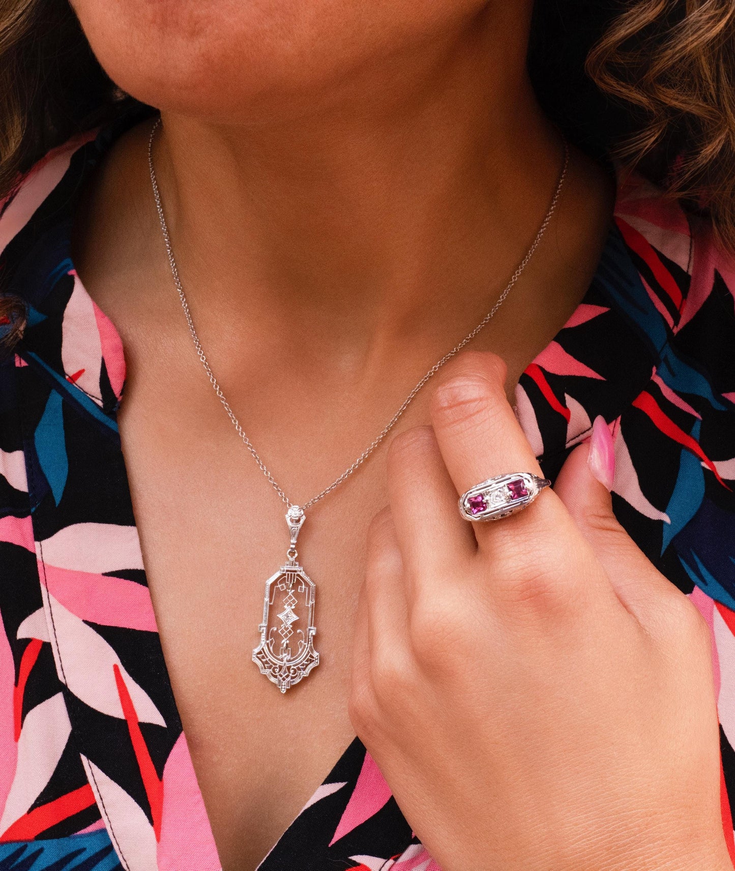 Edwardian Pink Tourmaline & Diamond Trilogy Filigree Ring in 18K White Gold