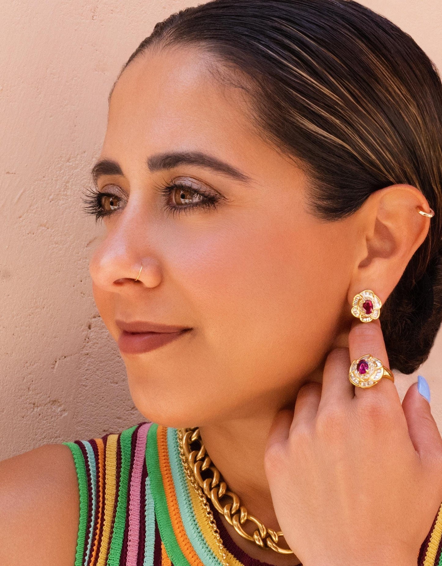 Rhodolite Garnet & Diamond Floral Ballerina Earrings in 14K Yellow Gold