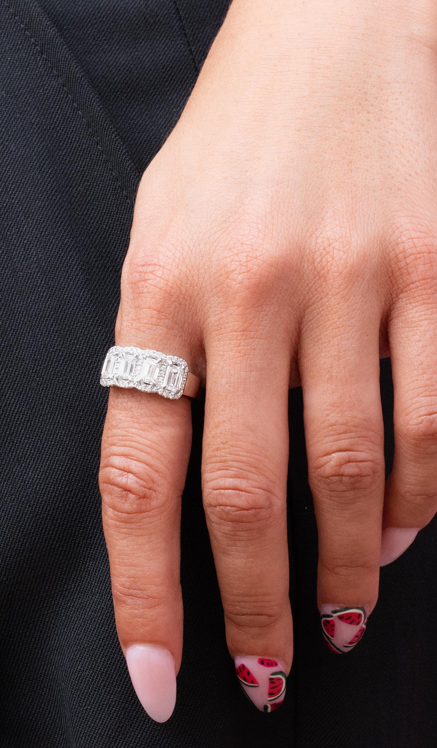 Wide Band Emerald Cut Diamond Ring in 18K White Gold