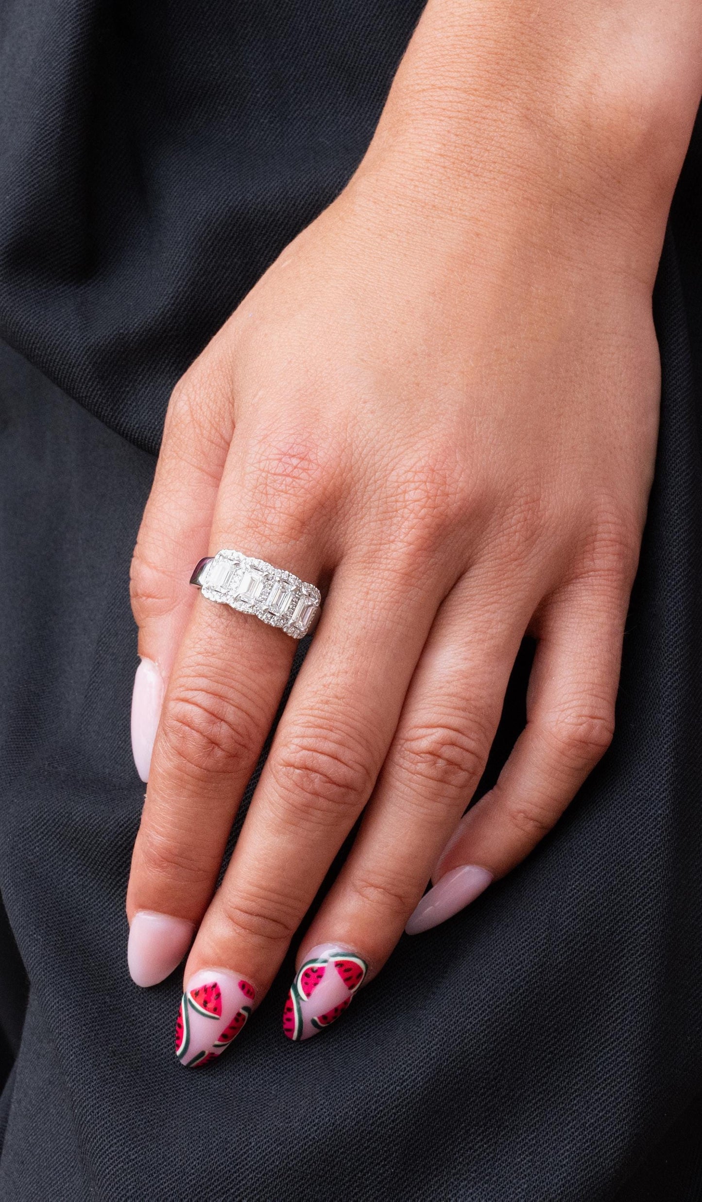 Wide Band Emerald Cut Diamond Ring in 18K White Gold