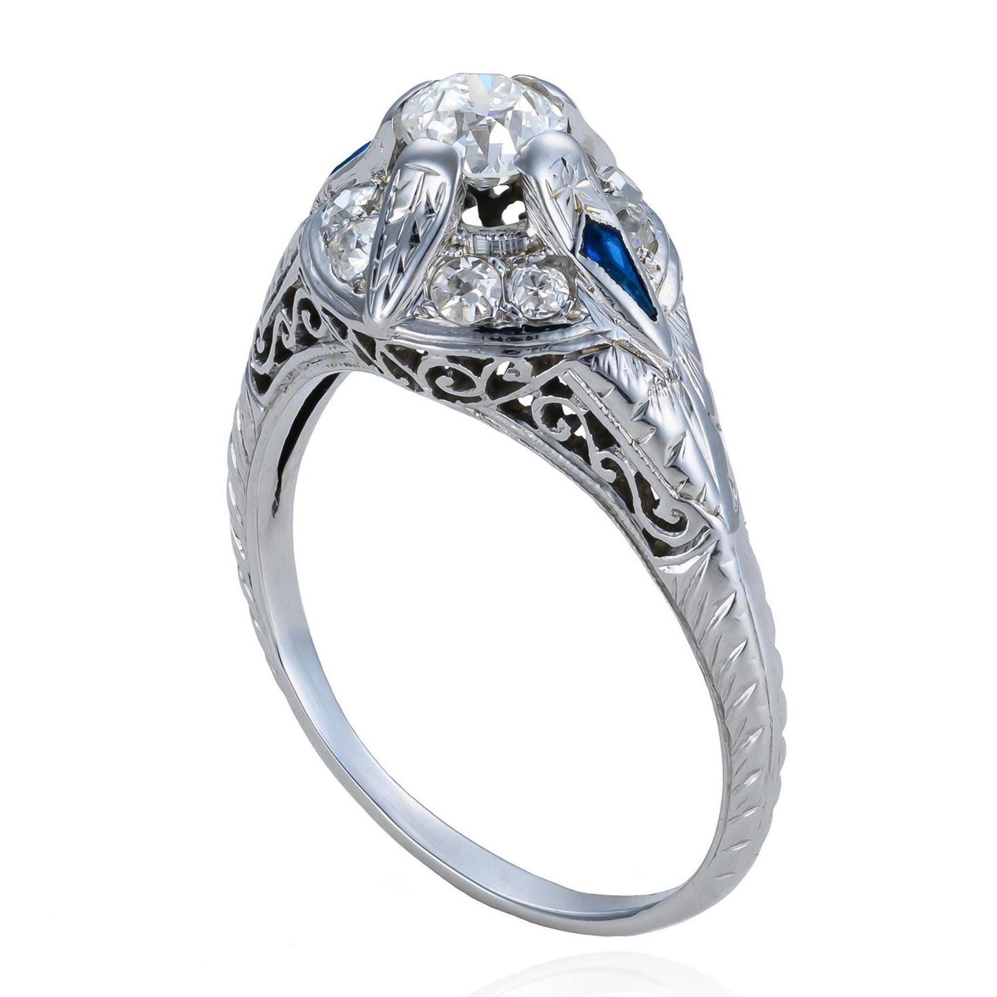 Edwardian Old Mine Cut Diamond & Sapphire Filigree Ring in 18K White Gold