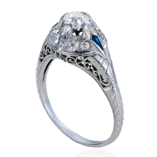 Edwardian Old Mine Cut Diamond & Sapphire Filigree Ring in 18K White Gold