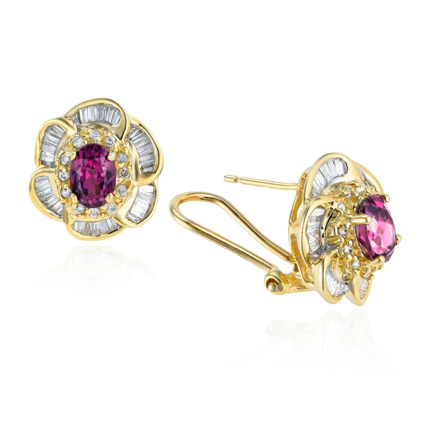 Rhodolite Garnet & Diamond Floral Ballerina Earrings in 14K Yellow Gold