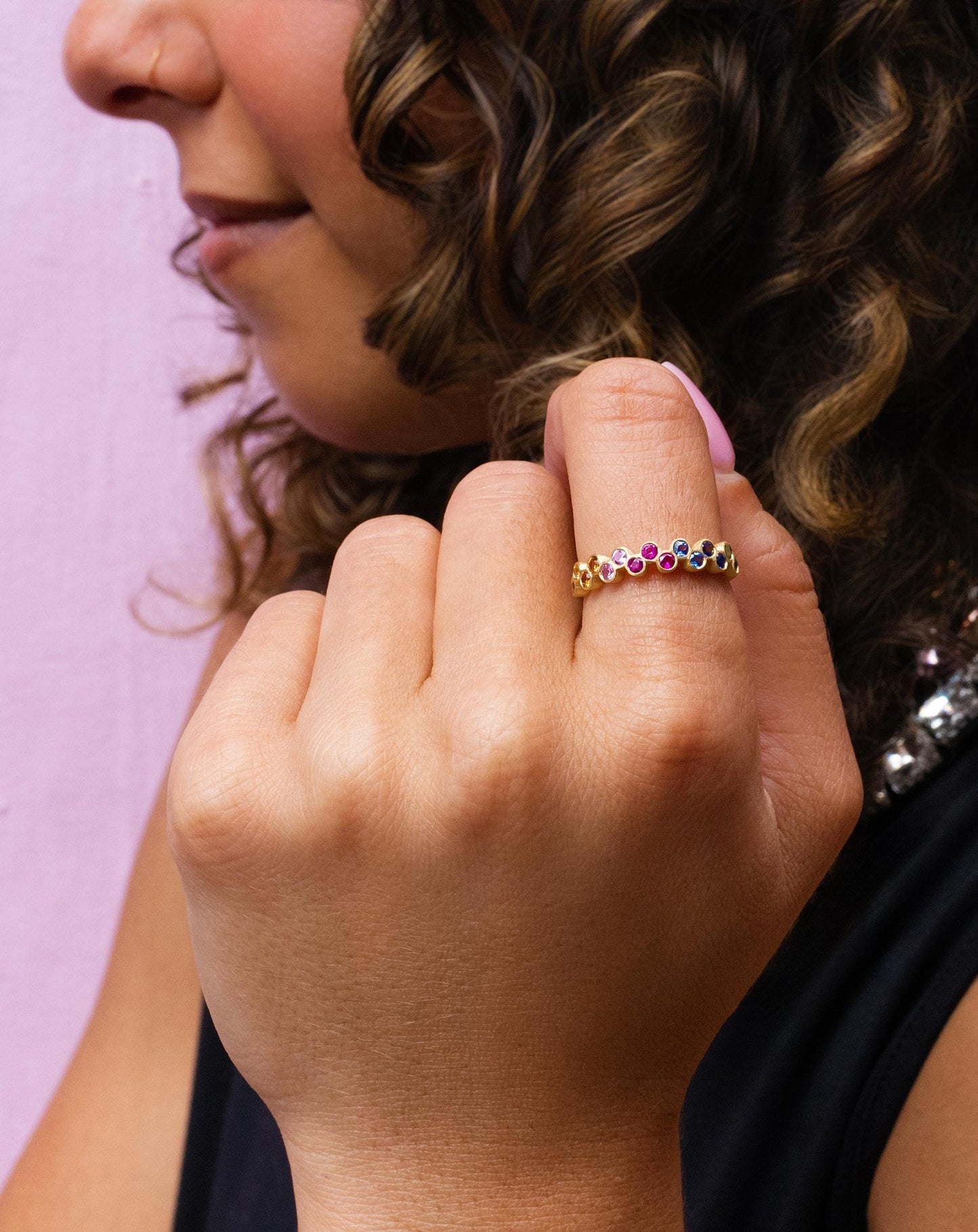 Bezel Set Rainbow Sapphire Band in 14K Yellow Gold