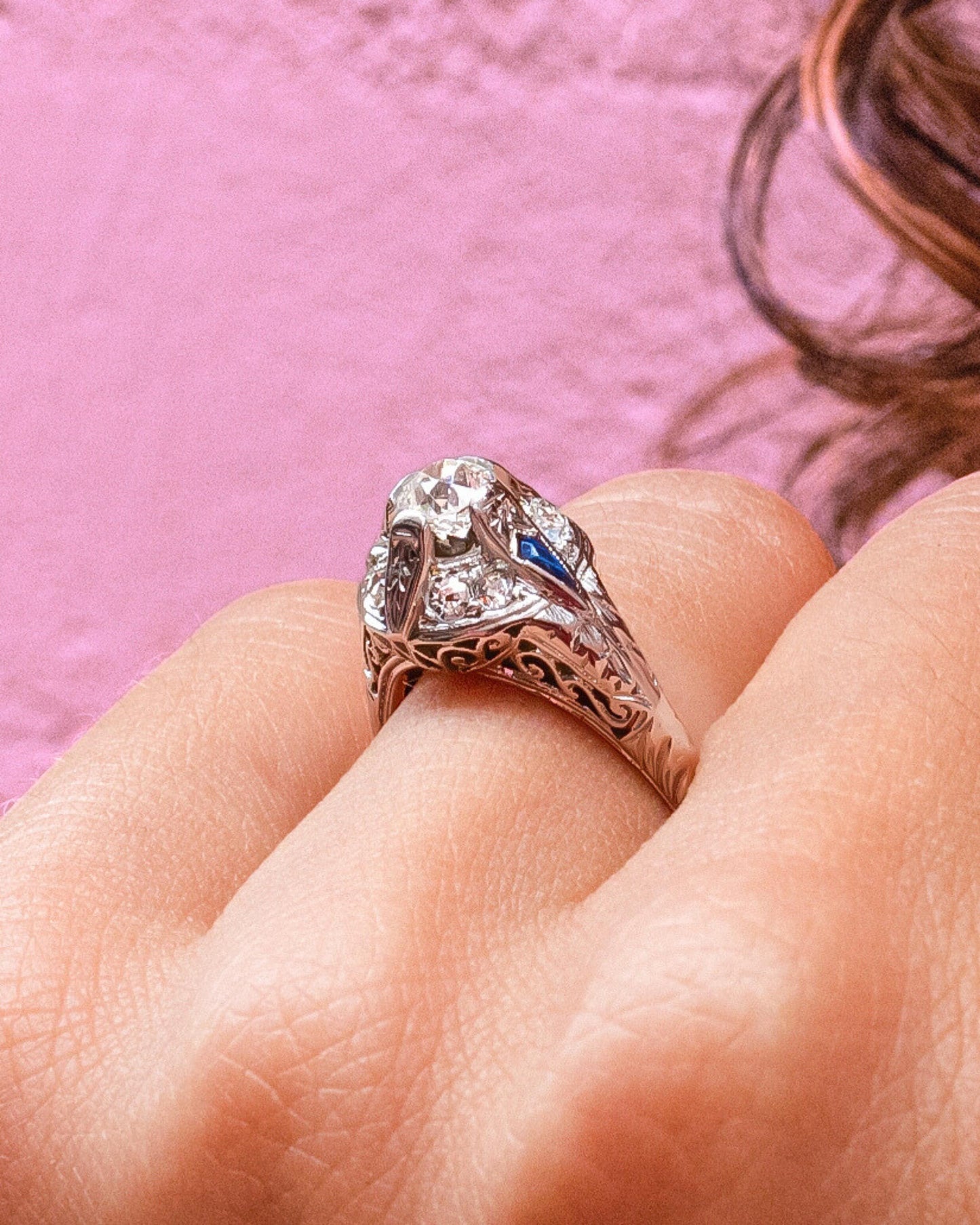 Edwardian Old Mine Cut Diamond & Sapphire Filigree Ring in 18K White Gold