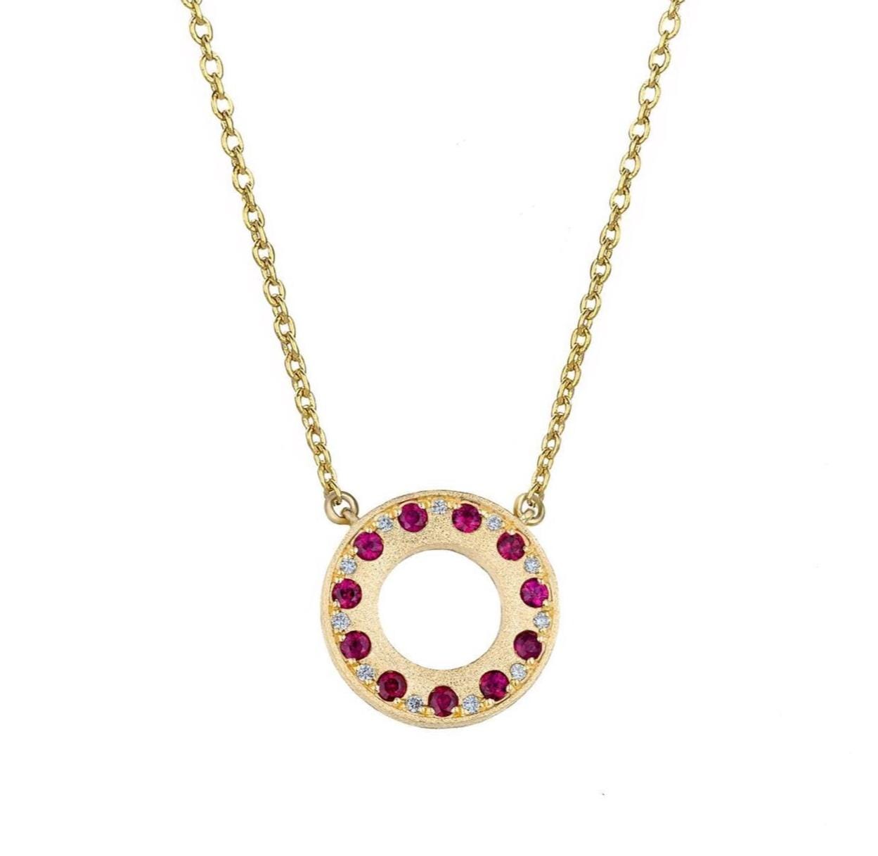 Ruby & Diamond Donut Necklace in 14K Yellow Gold