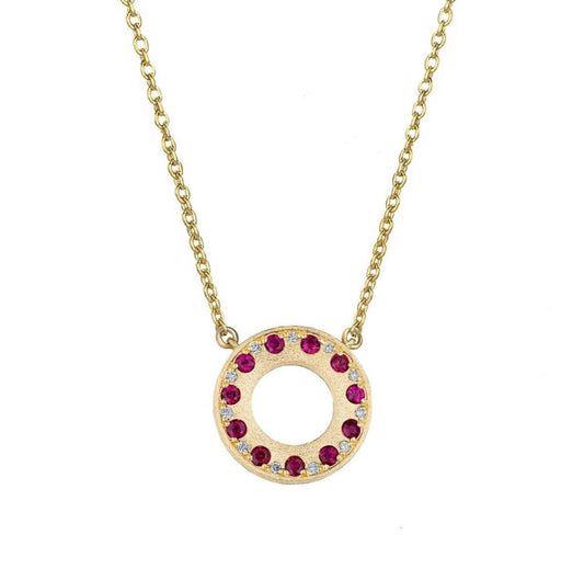 Ruby & Diamond Donut Necklace in 14K Yellow Gold