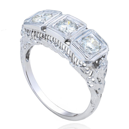 Edwardian Diamond Trilogy Filigree Ring in 14K White Gold