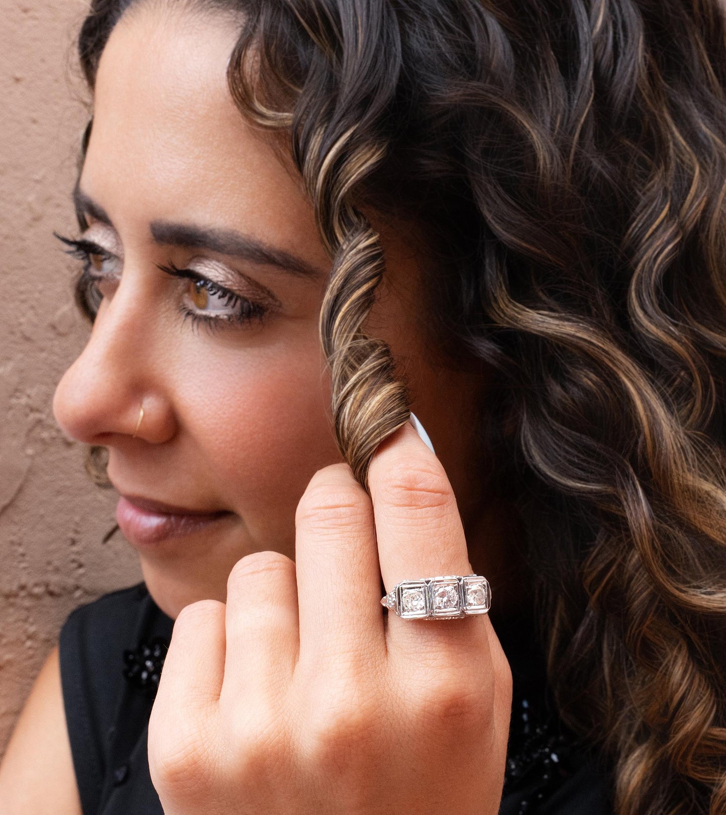 Edwardian Diamond Trilogy Filigree Ring in 14K White Gold