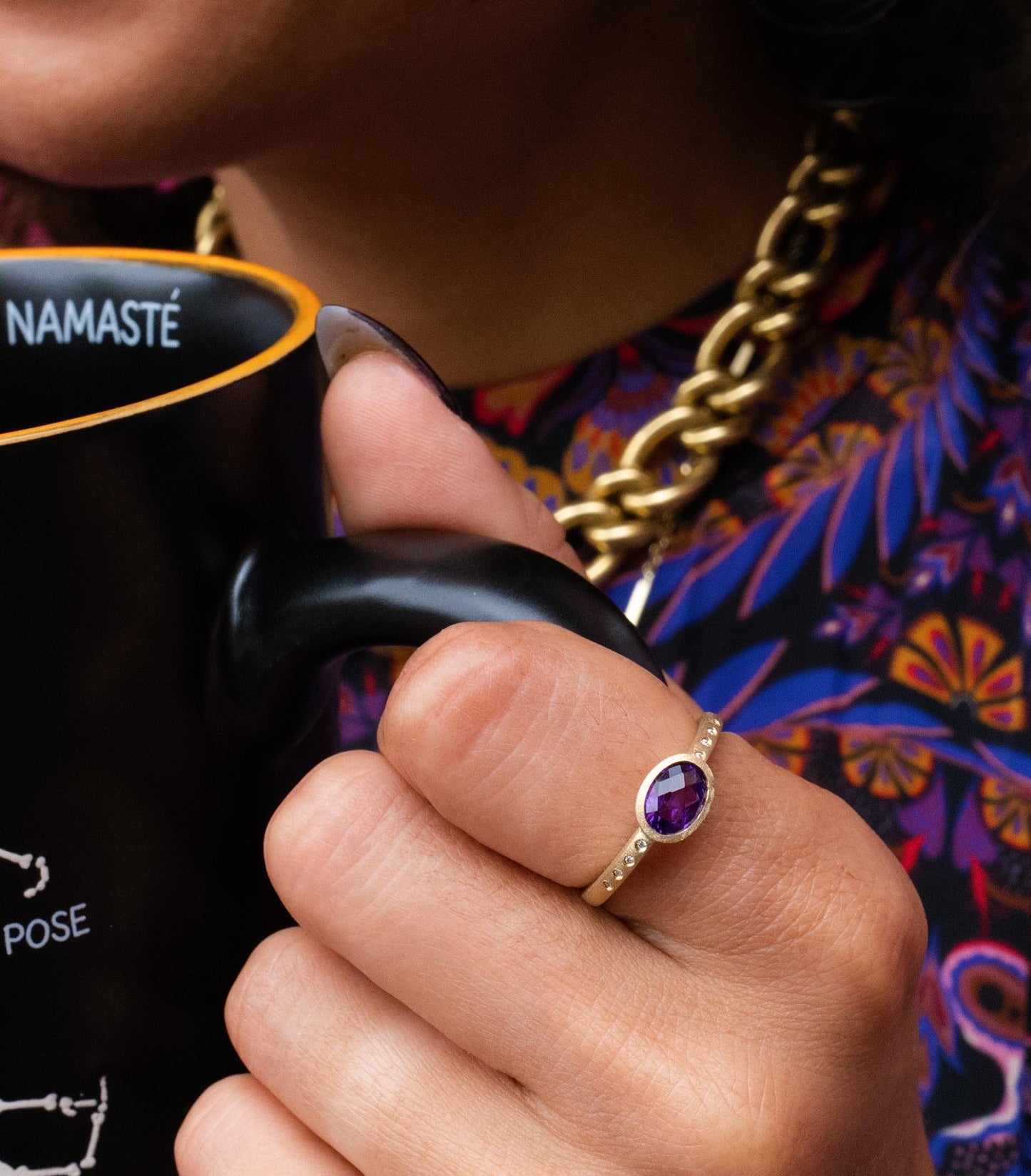 Amethyst & Diamond East West Bezel Ring in 14K Yellow Gold