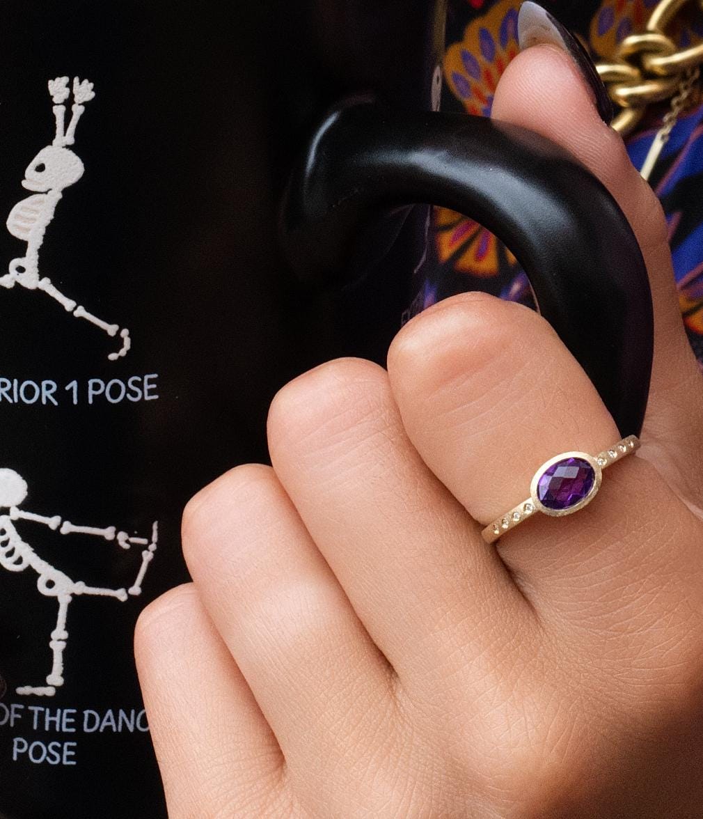 Amethyst & Diamond East West Bezel Ring in 14K Yellow Gold