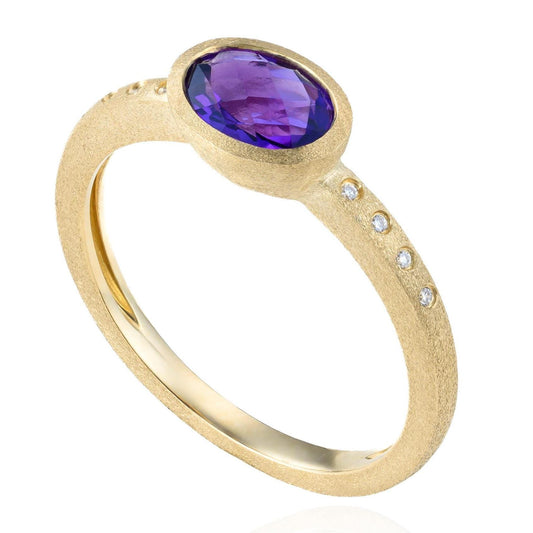 Amethyst & Diamond East West Bezel Ring in 14K Yellow Gold