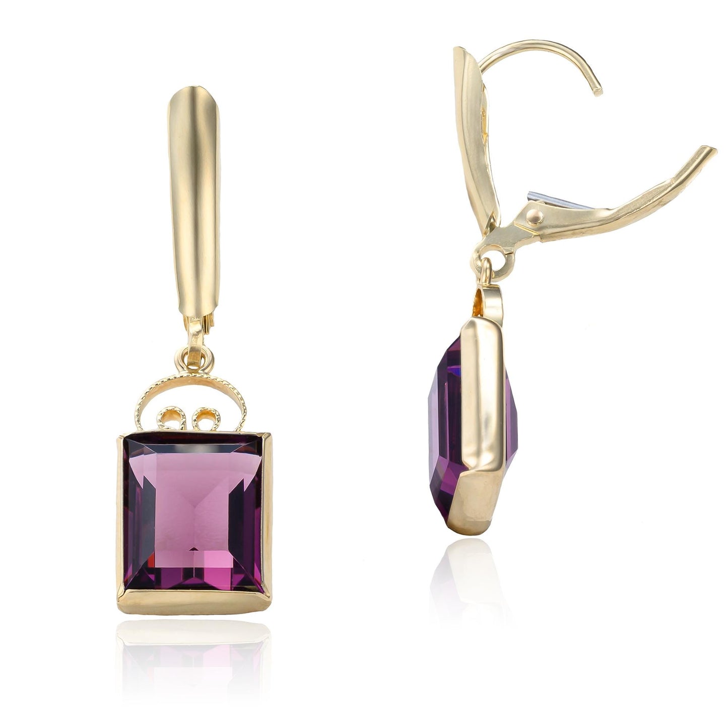Purple Crystal Drop Earrings in 14K Yellow Gold